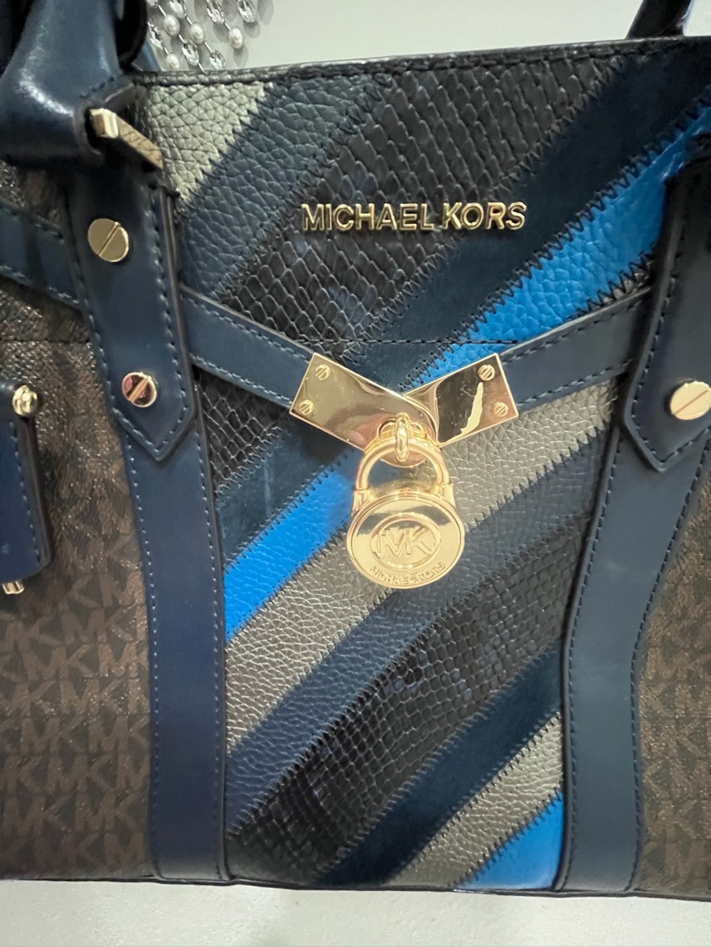 Michael Kors Hamilton Traveler Brown Navy Stripe Logo Leather Large Satchel - Picture 2 of 10